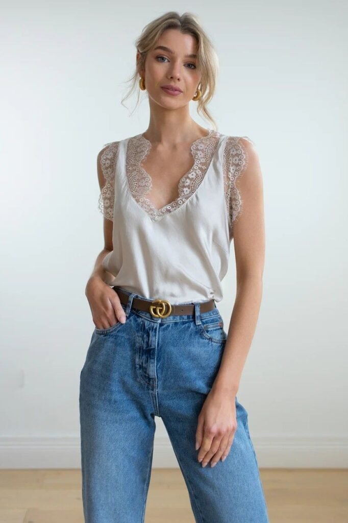 Ivory Lace Trim Satin Cami + Medium Wash Jeans + Brown Belt