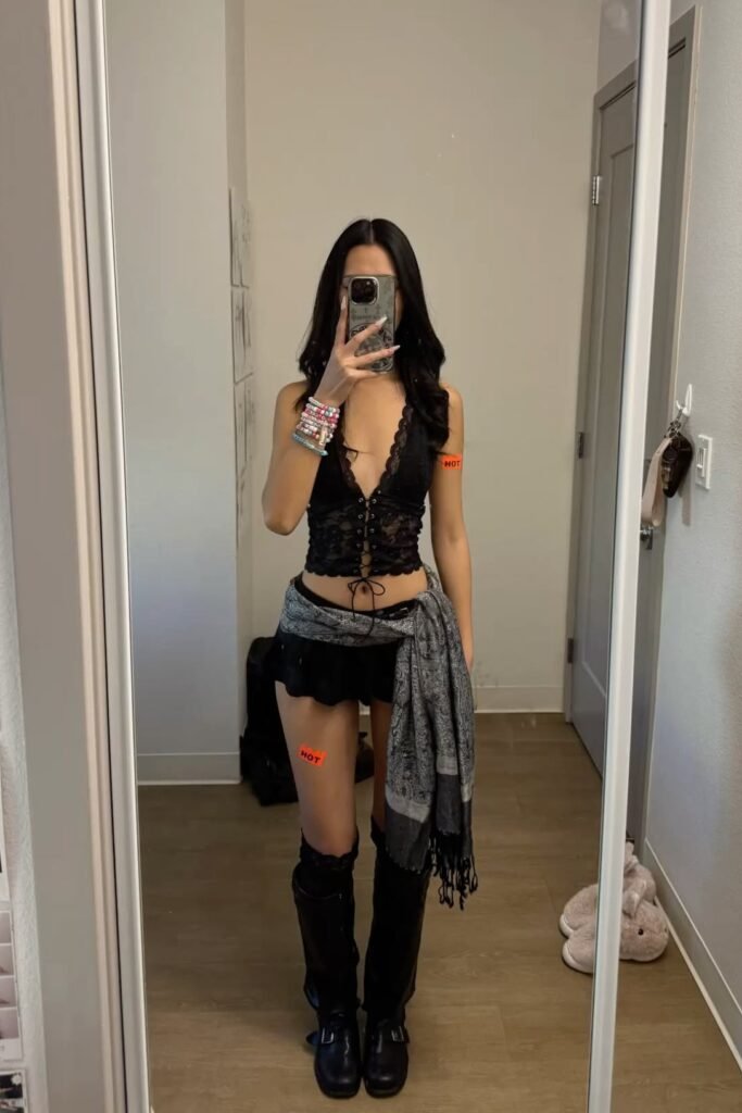 Lace Up Corset Top + Black Micro Skirt + Knee High Buckle Boots