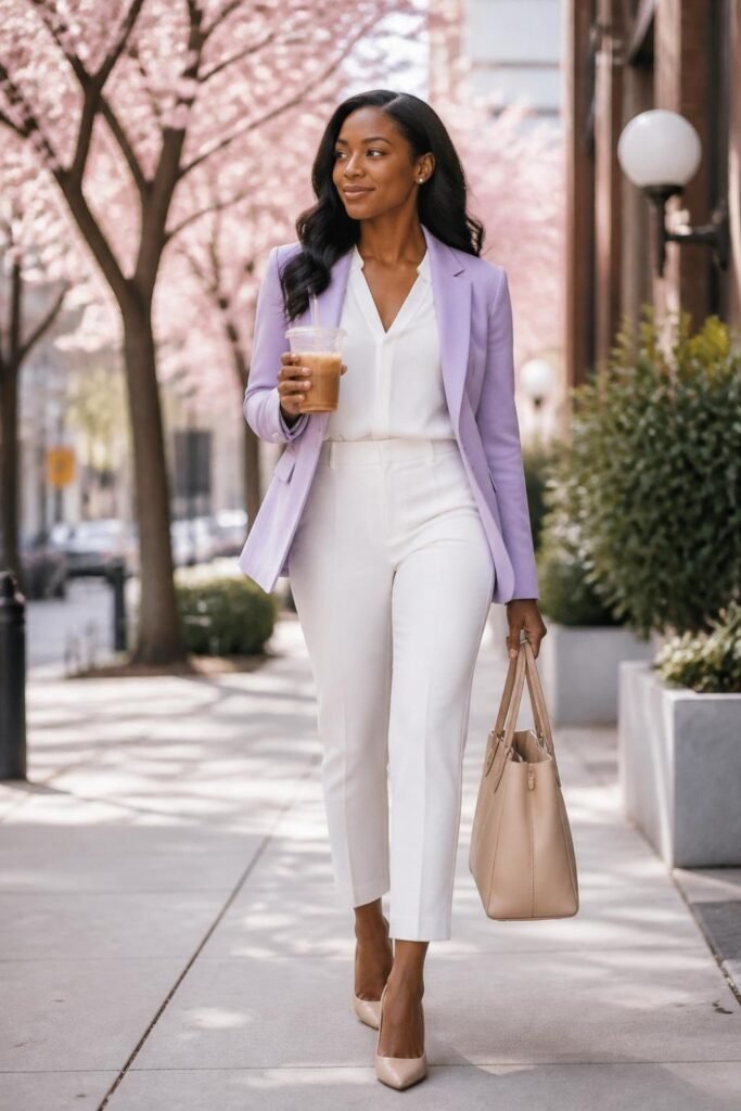 Lavender Blazer + White Blouse + White Trousers + Nude Heels