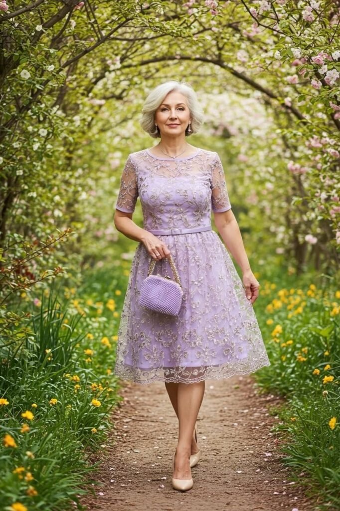 Lavender Lace A-Line Dress + Purple Beaded Handbag + Nude Pumps