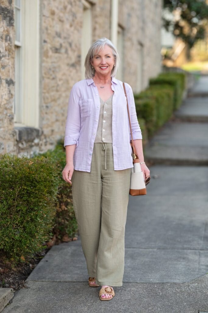 Lavender Linen Shirt + Beige Knit Vest + Sage Green Linen Wide Leg Pants + Woven Flat Sandals