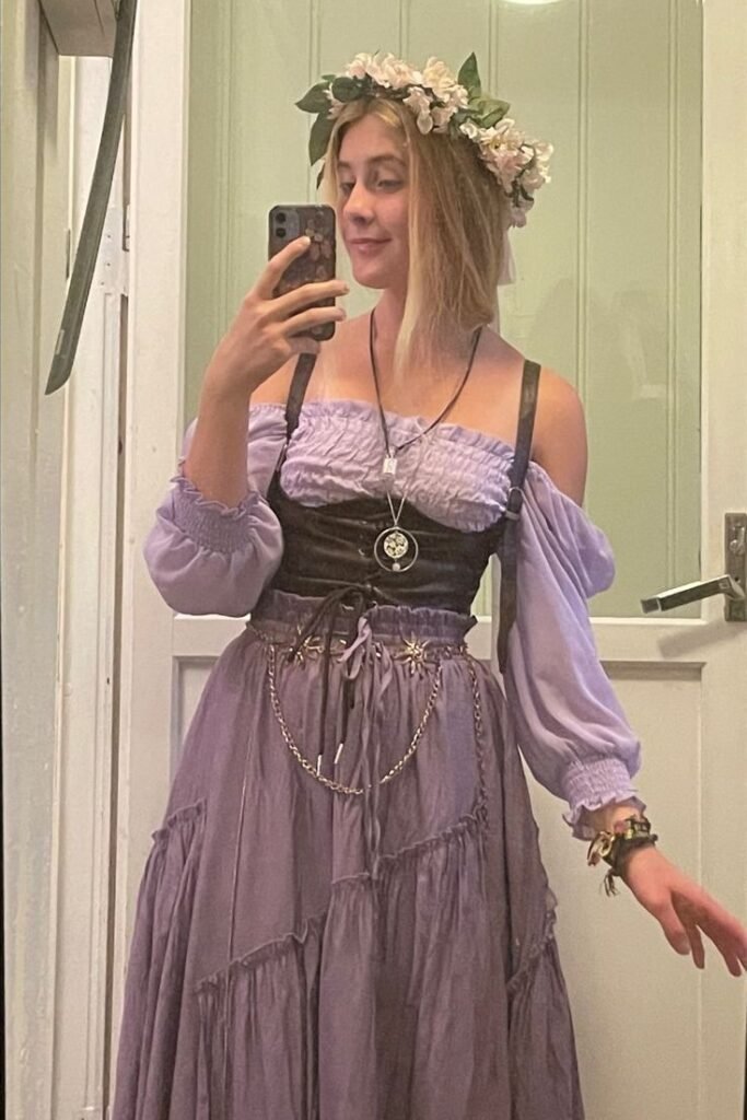 Lavender Off The Shoulder Blouse + Black Corset Belt + Purple Maxi Skirt