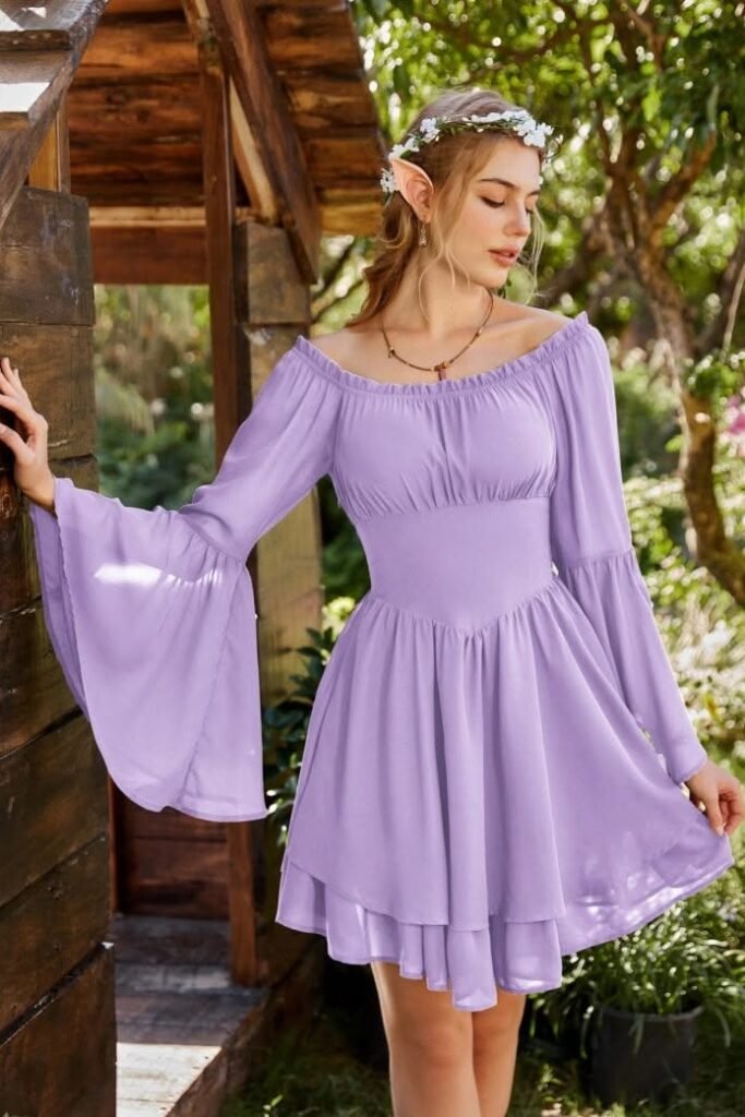 Lavender Off The Shoulder Mini Dress + Flower Crown + Elf Ears