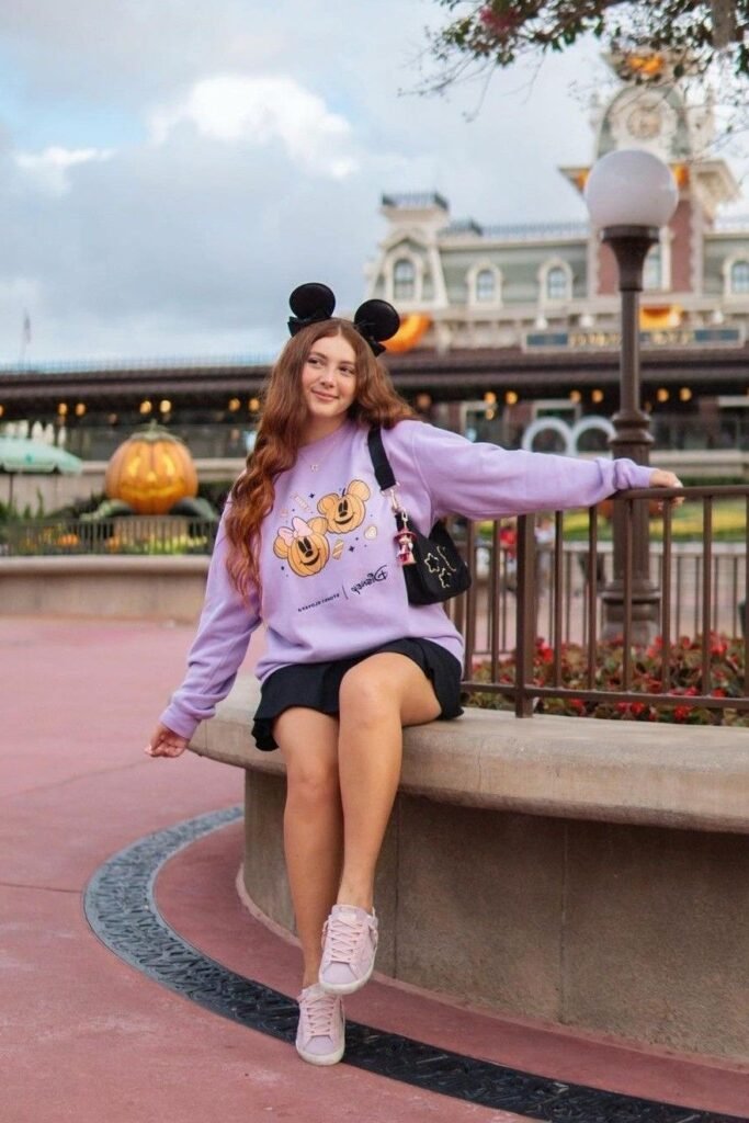 Lavender Pumpkin Graphic Sweatshirt + Black Mini Skirt + Pink Sneakers
