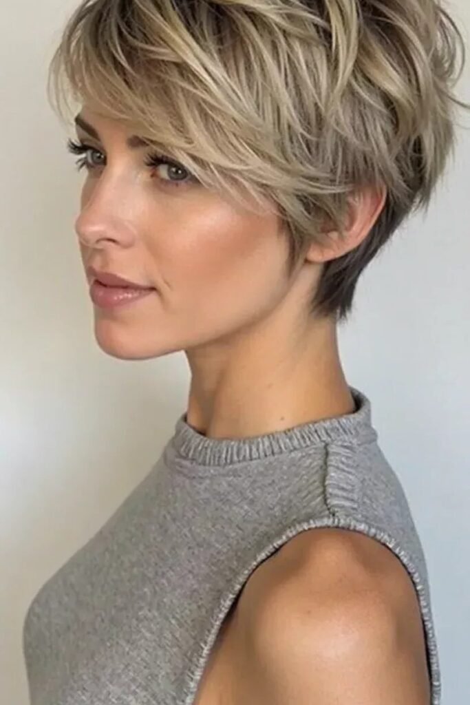 Layered Ash Blonde Pixie with Side-Swept Fringe