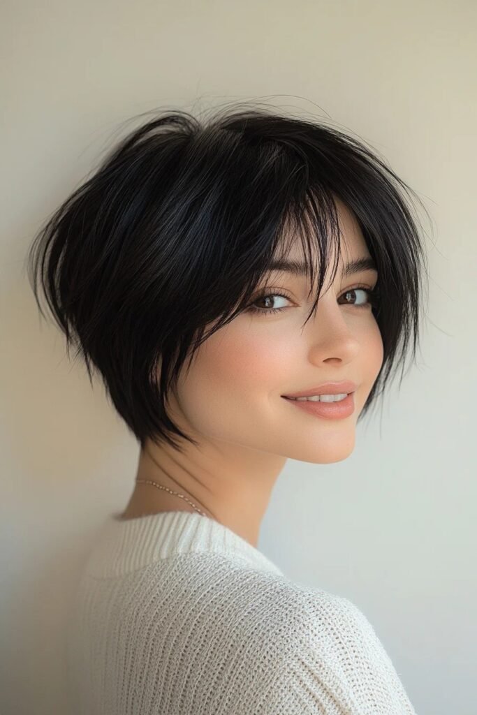 29. Layered Black Pixie Cut with Wispy Bangs