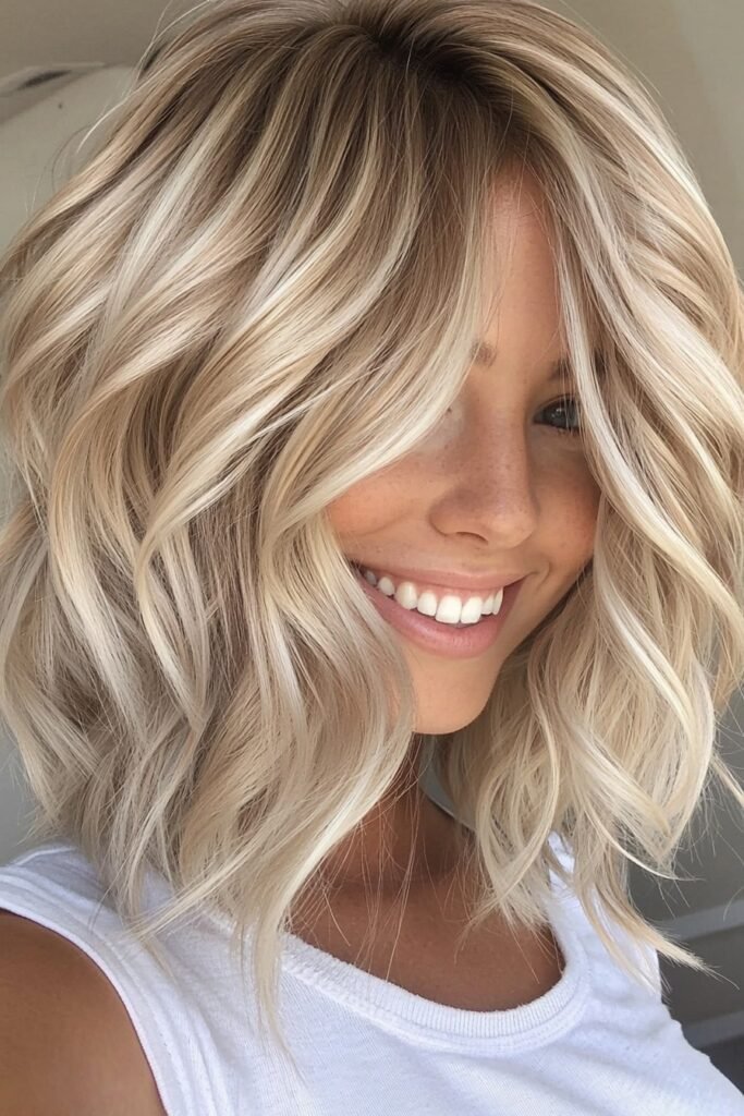 Layered Blonde Lob with Face-Framing Waves