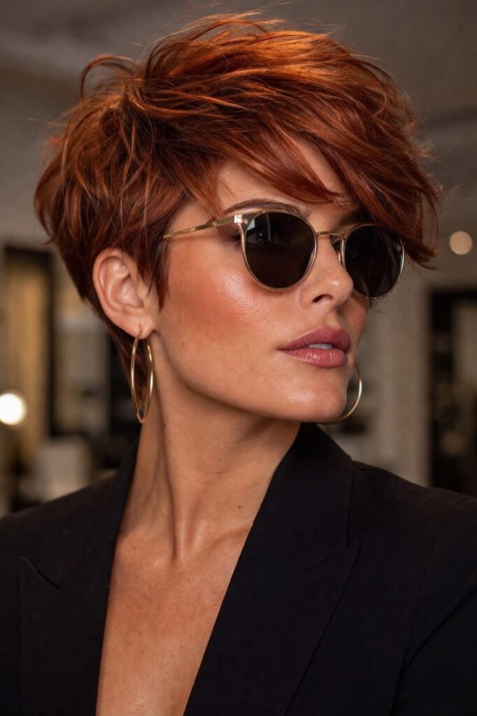 40. Layered Copper Pixie Cut with Sunglasses