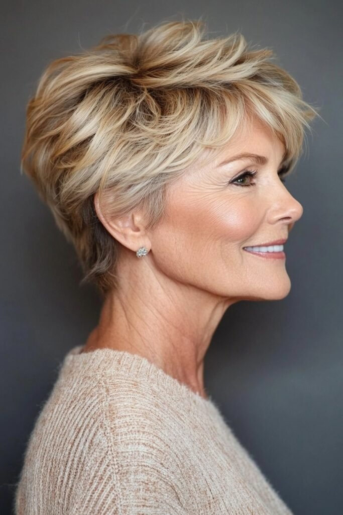 Layered Honey Blonde Bixie Cut with Sweeping Side Bangs