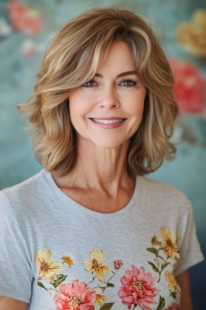 Layered Honey Blonde Cut with Wispy Curtain Bangs