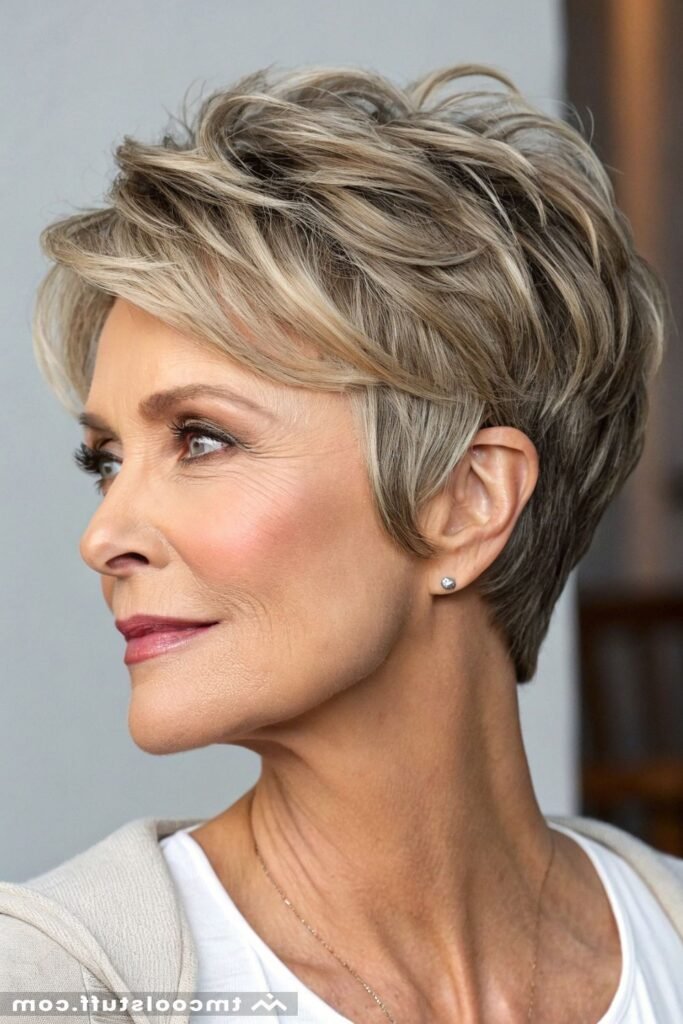 Layered Sandy Blonde Pixie with Sweeping Side Fringe