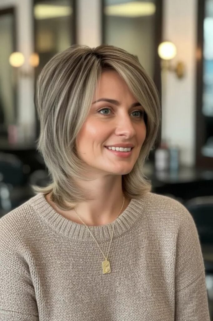 46. Layered Shoulder Length Hair with Feathered Curtain Bangs