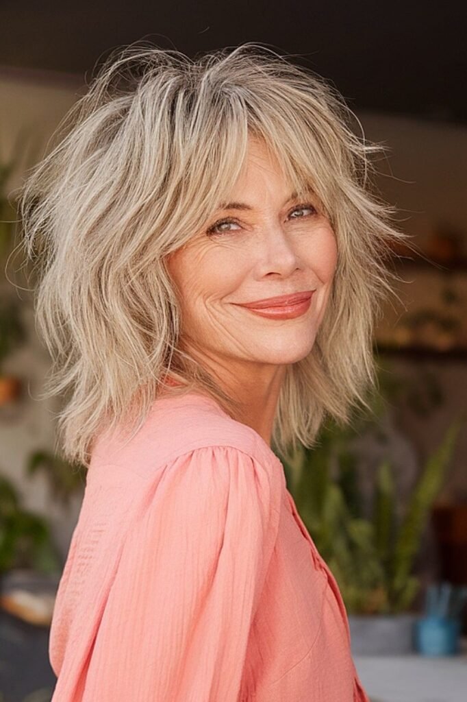 Layered Shoulder-Length Shag with Voluminous Bangs