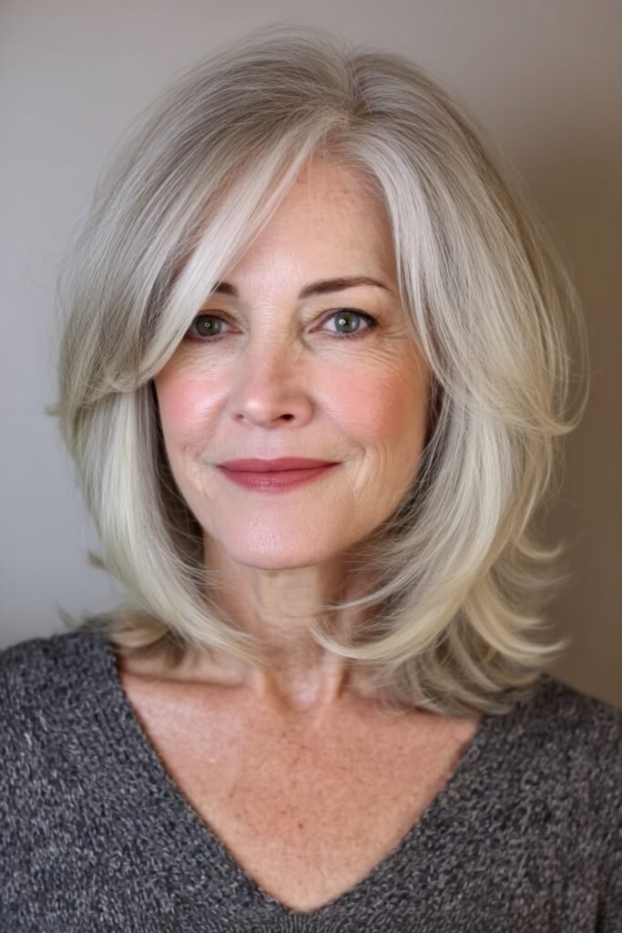 Layered Silver Lob with Long Side-Swept Bangs