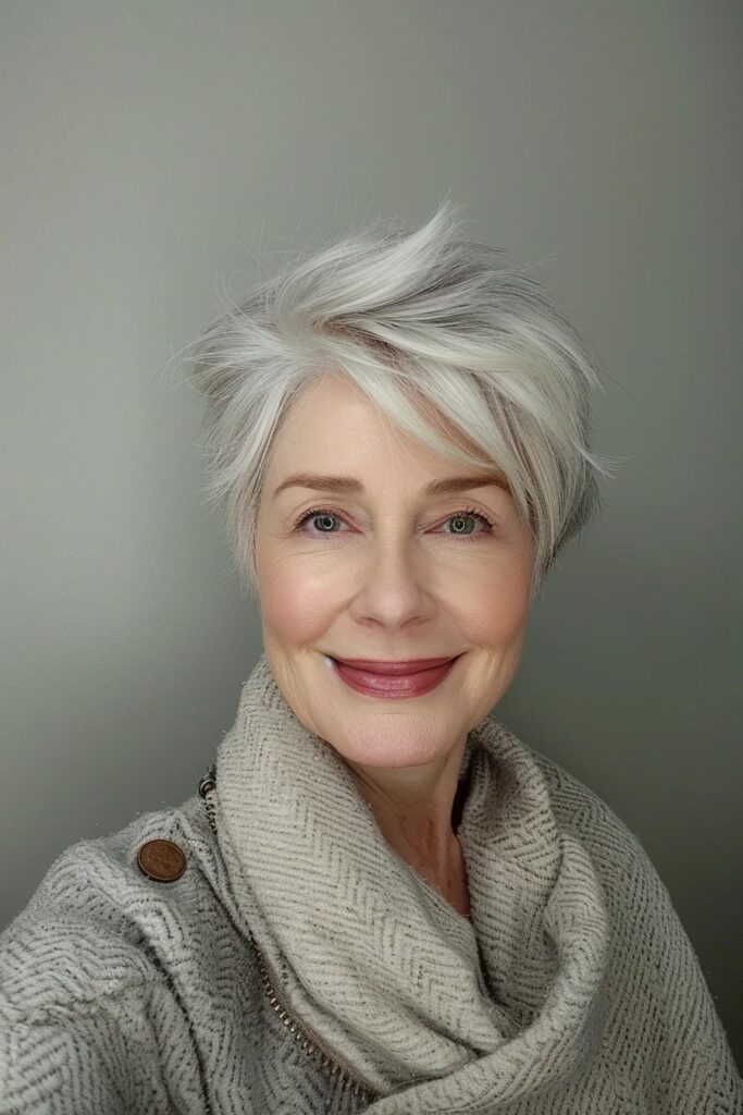 45. Layered Silver Pixie with Sweeping Side Bangs