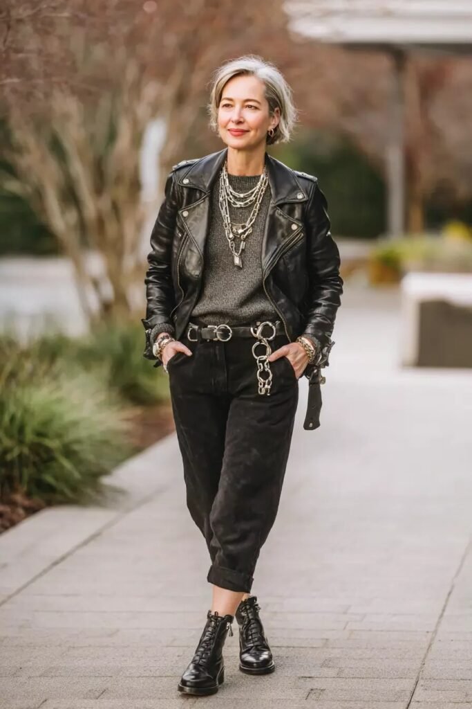 Leather Biker Jacket + Dark Grey Sweater + Black Rolled Hem Trousers + Black Lace Up Combat Boots