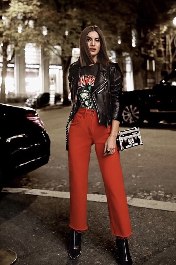 Leather Moto Jacket + Graphic T Shirt + Red Jeans + Black Ankle Boots