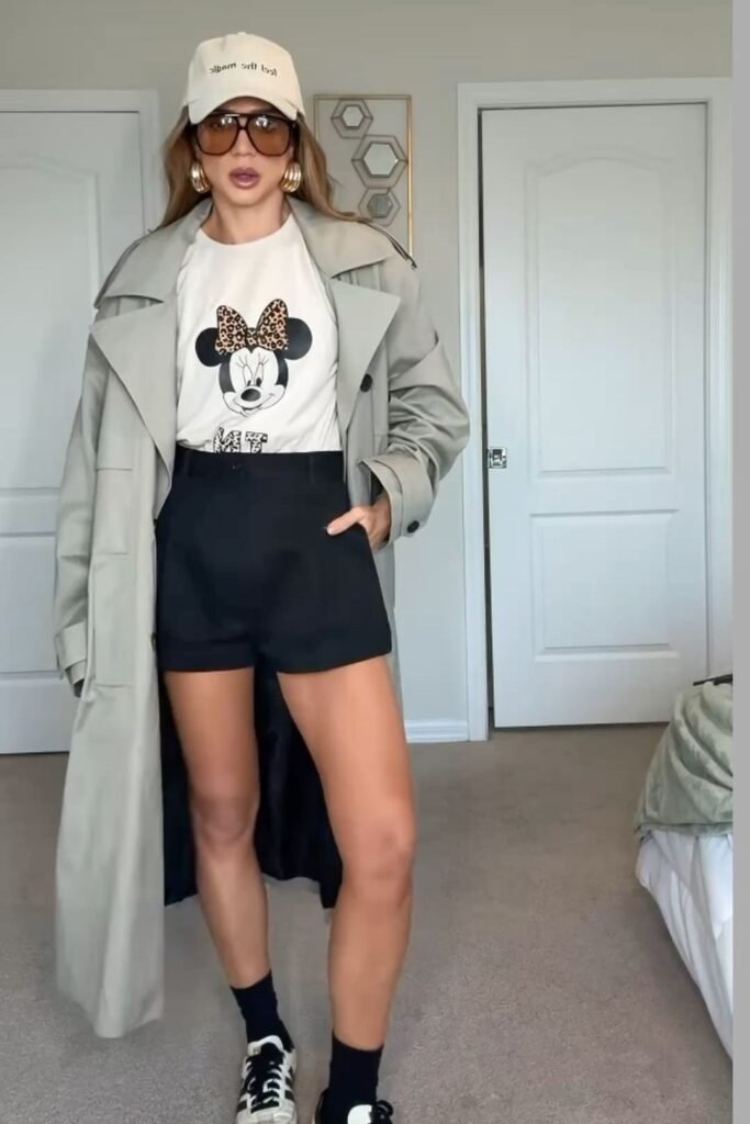Leopard Bow Minnie Tee + Black Tailored Shorts + Oversized Beige Trench Coat + Black Socks & Sneakers
