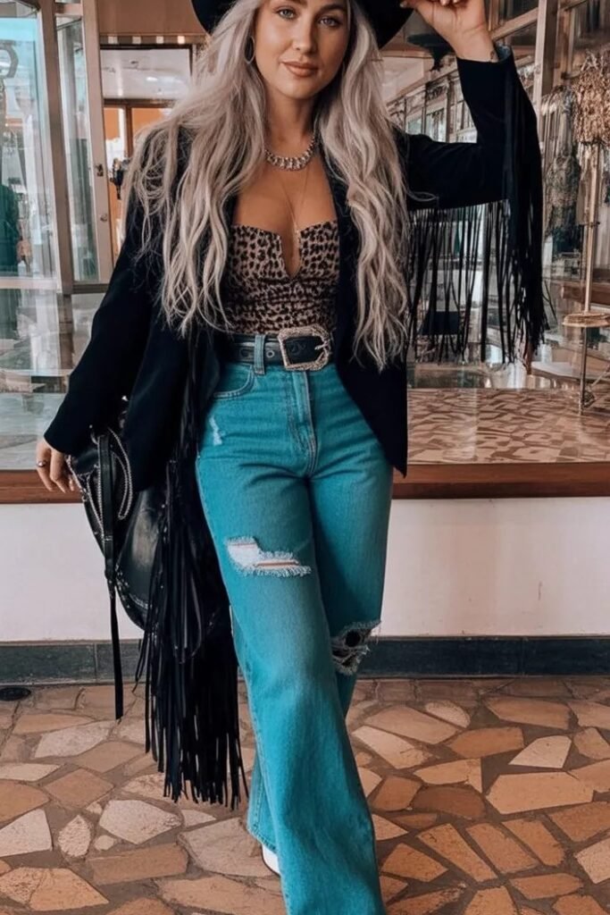 Leopard Print Bodysuit + Light Wash Distressed Flared Jeans + Black Blazer with Fringe