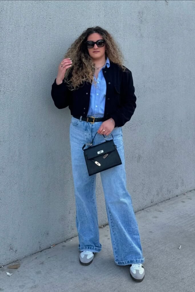 Light Blue Button Down Shirt + Black Cropped Jacket + Light Wash Wide Leg Jeans + White Sneakers