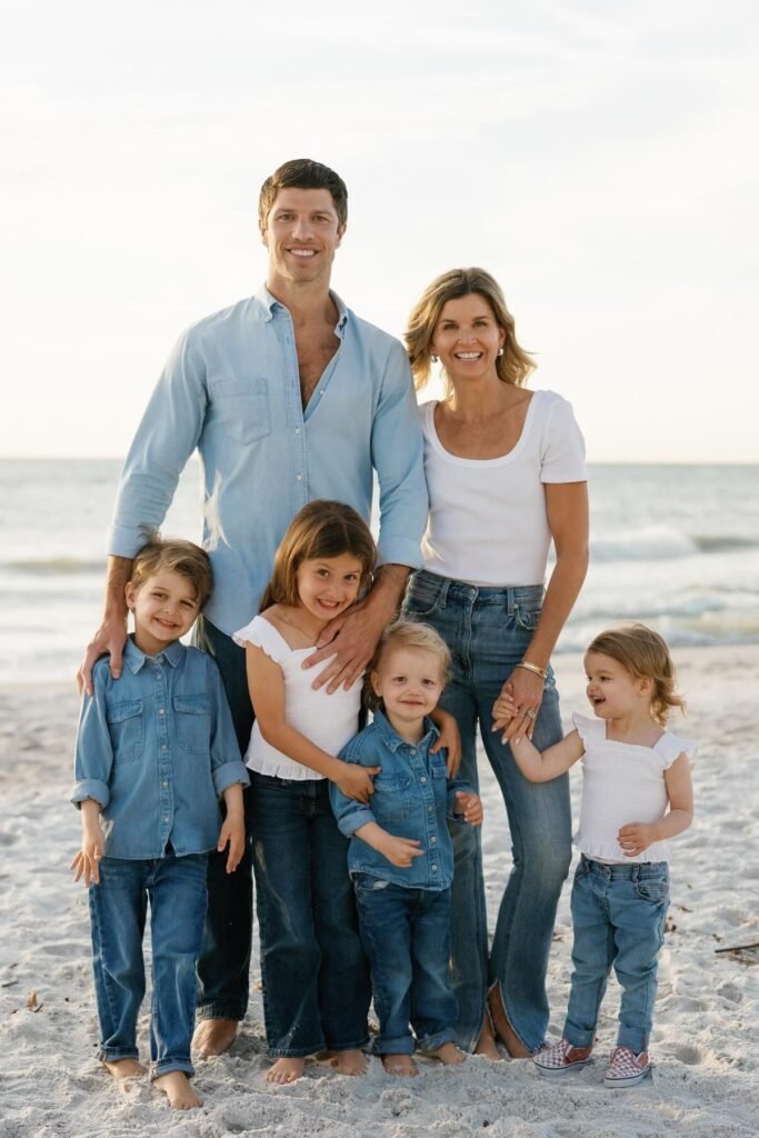Light Blue Button Down Shirt + Medium Wash Jeans + White Dress