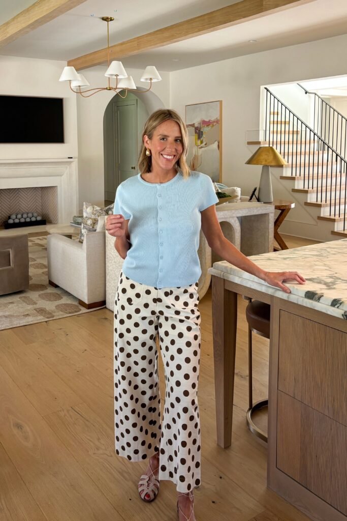 Light Blue Button Up Short Sleeve Cardigan + White Wide Leg Polka Dot Pants + Light Pink Strappy Sandals