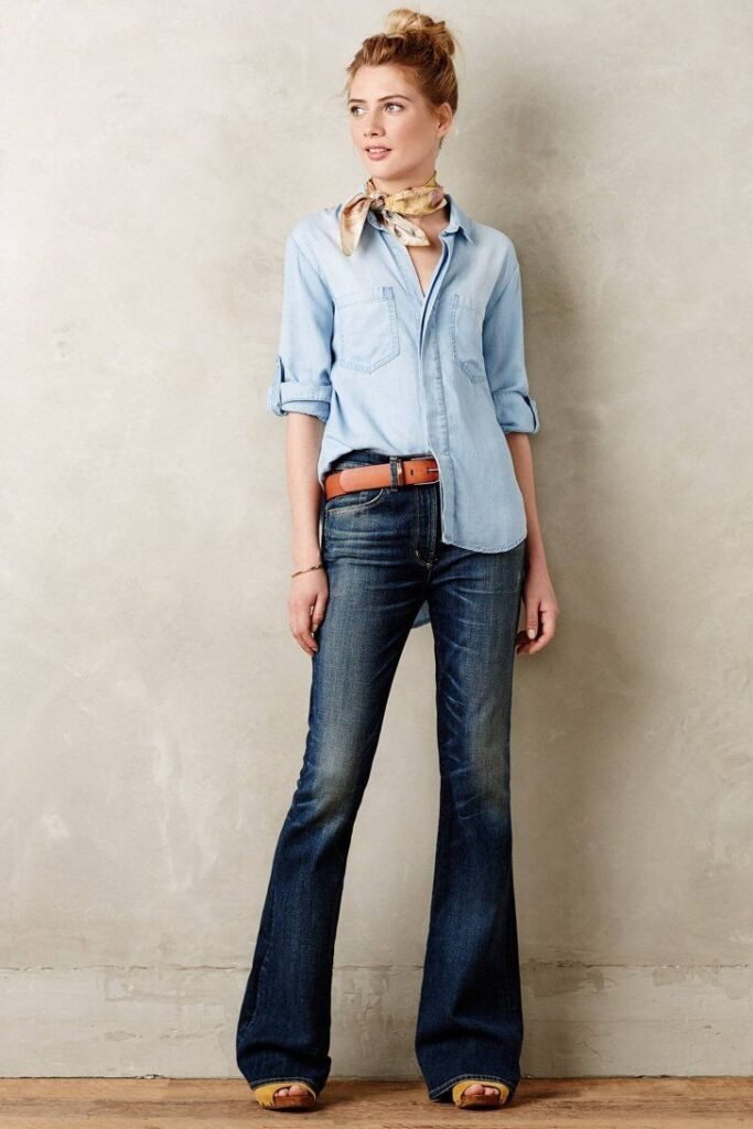 Light Blue Chambray Shirt + Dark Wash Flared Jeans