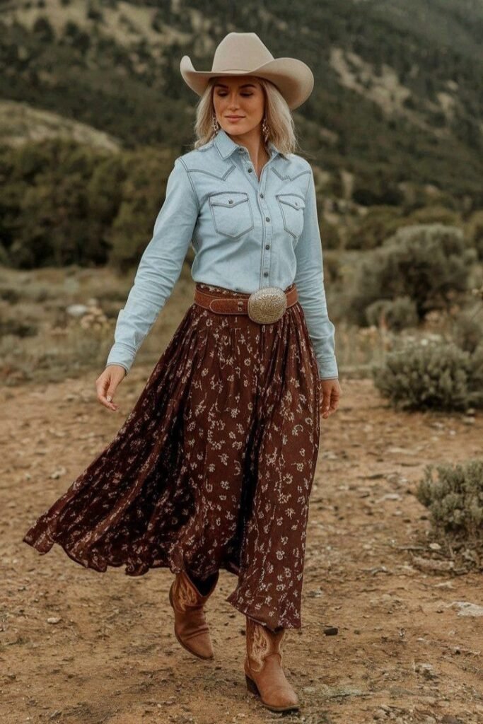 Light Blue Denim Shirt + Brown Floral Midi Skirt + Cowboy Hat + Brown Cowboy Boots