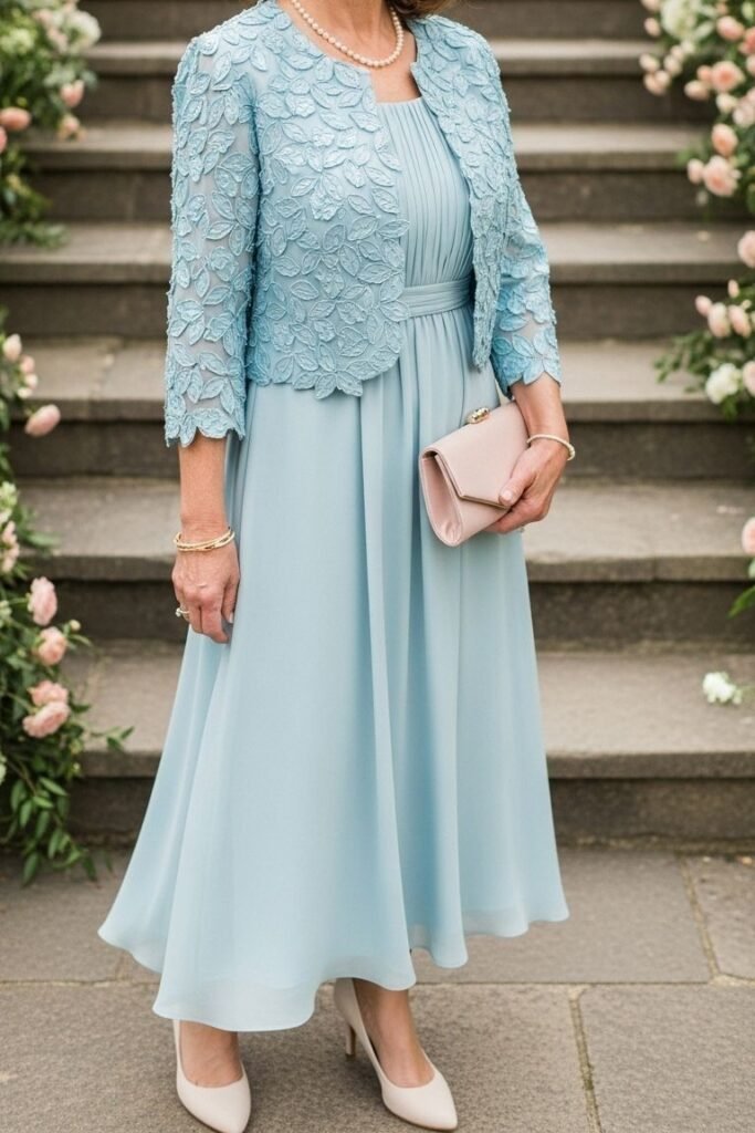 Light Blue Floral Lace Bolero + Pleated Dusty Blue Maxi Dress + Nude Pointed-Toe Pumps
