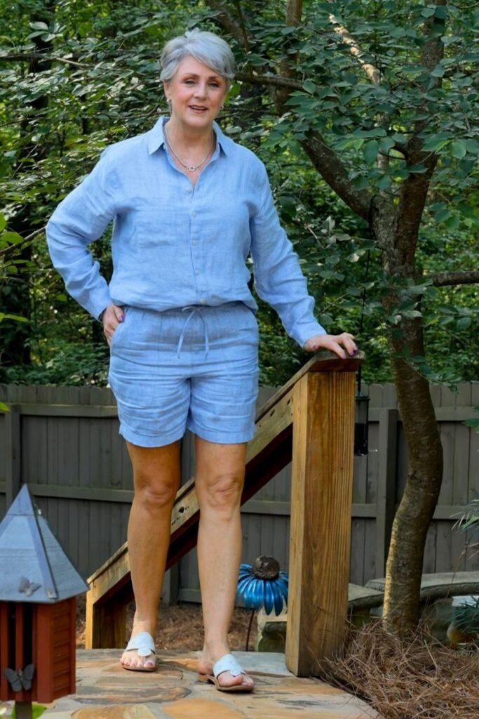 Light Blue Long Sleeve Linen Shirt + Matching Light Blue Linen Shorts + White Thong Sandals