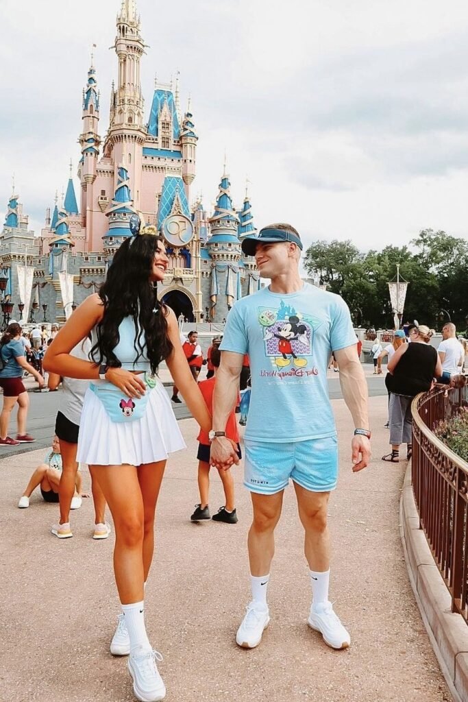 Light Blue Mickey Graphic T Shirt & Light Blue Crop Top + Light Blue Mesh Shorts & White Pleated Mini Skirt + White Sneakers