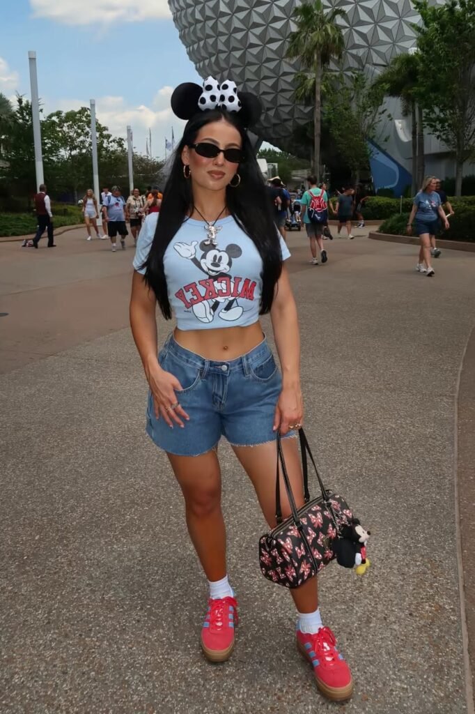 Light Blue Mickey Mouse Graphic T Shirt + Blue Denim Shorts + Red Sneakers