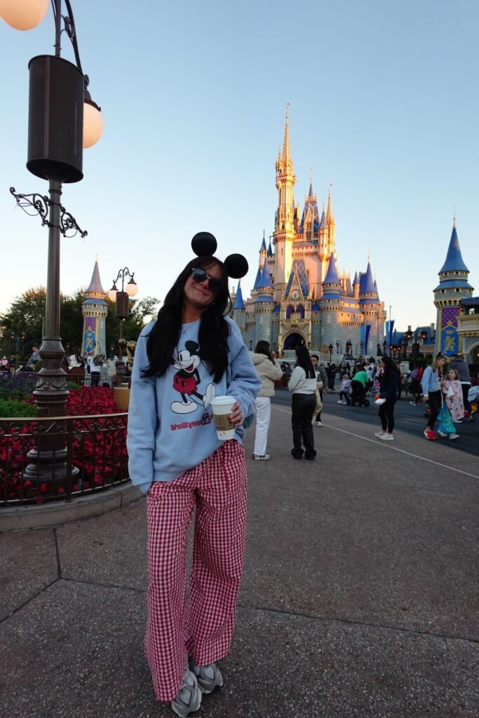 Light Blue Mickey Mouse Sweatshirt + Red Gingham Wide Leg Pants + Grey Sneakers