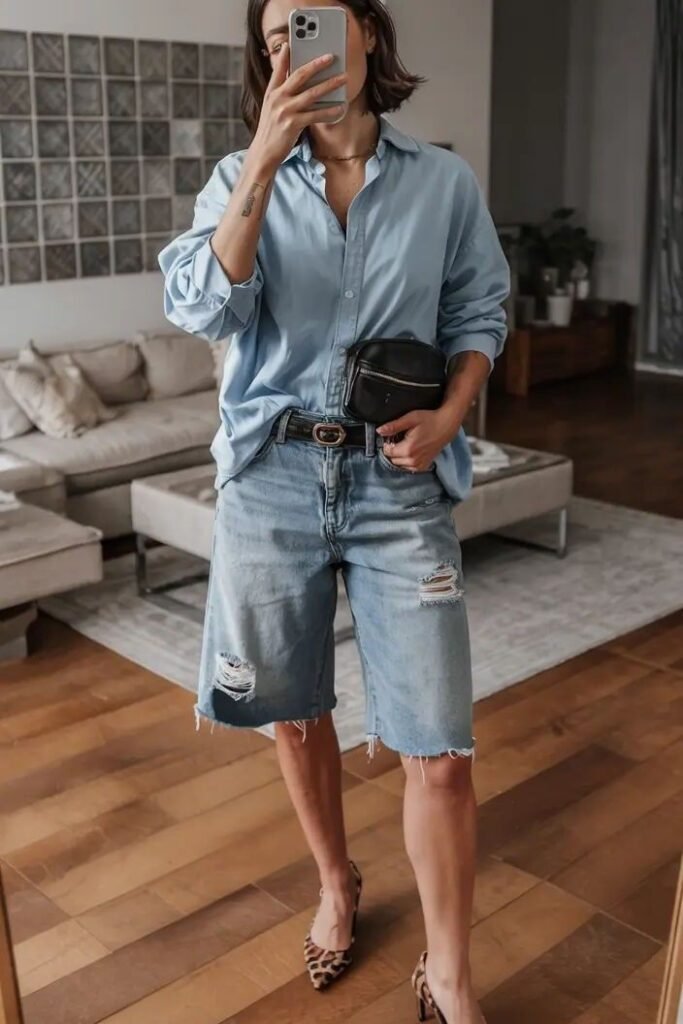 Light Blue Oversized Button-Down + Distressed Denim Bermuda Shorts + Leopard Print Heels