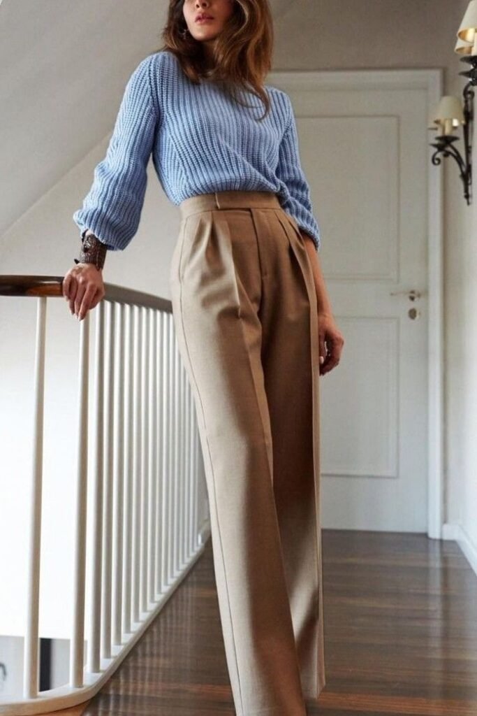 Light Blue Ribbed Knit Sweater + Camel High Waisted Wide Leg Trousers