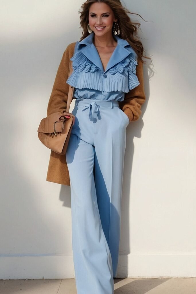 Light Blue Ruffled Blouse + Light Blue Wide Leg Trousers + Brown Cardigan + Tan Bag