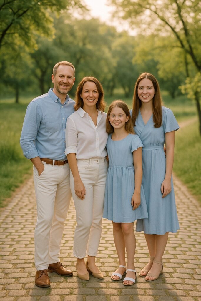 Light Blue Shirt & White Trousers + White Shirt & Trousers + Light Blue Dress