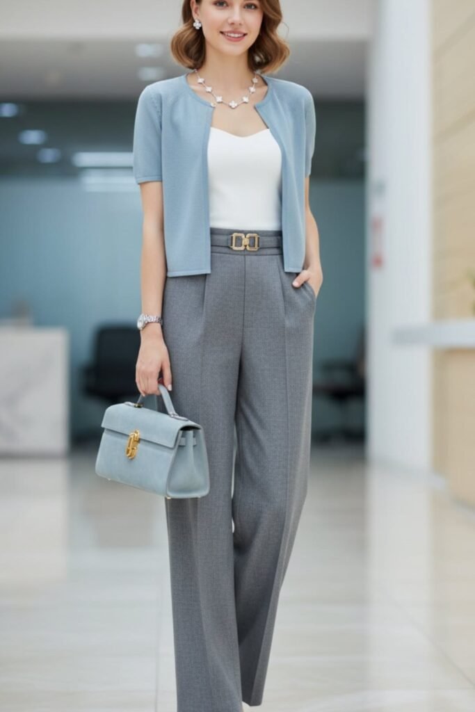 Light Blue Short Sleeve Cardigan + White Top + Grey Wide Leg Trousers