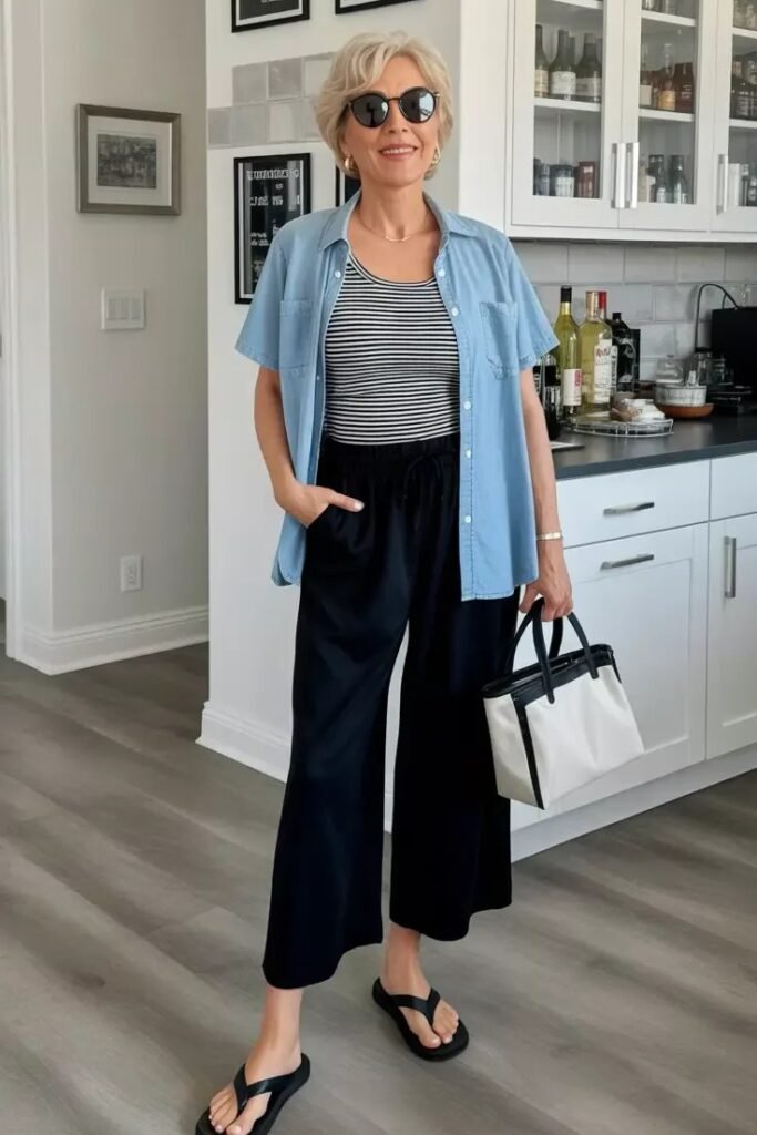 Light Blue Short Sleeve Denim Shirt + Striped Tank Top + Black Wide Leg Pants + Black Flip Flops