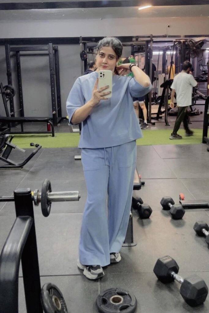 Light Blue Short Sleeved Top + Light Blue Wide Leg Pants + Grey Sneakers