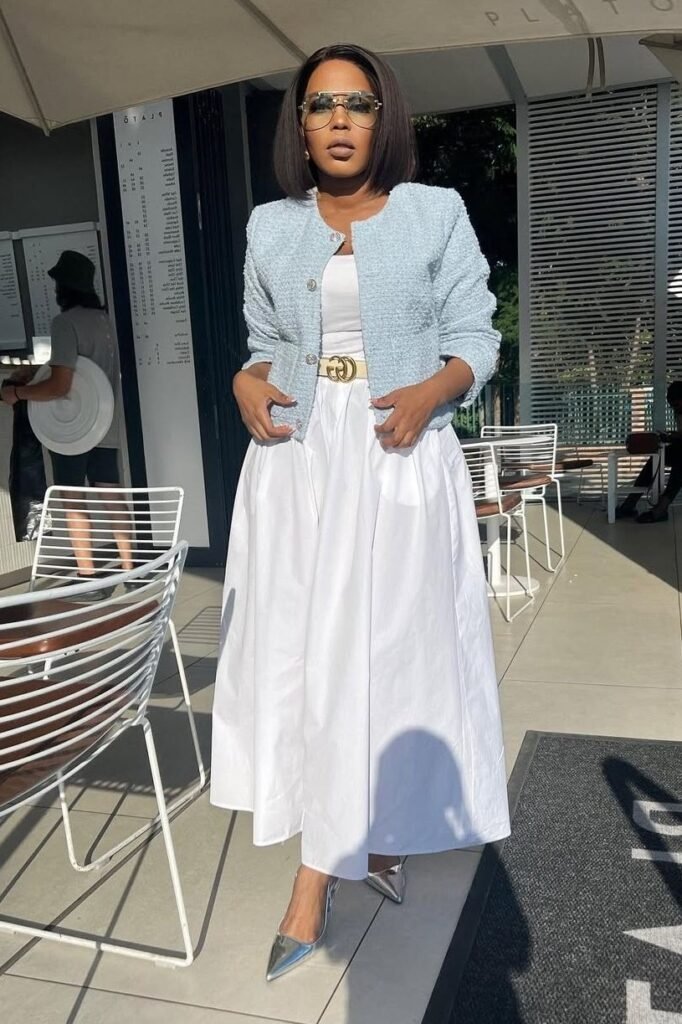 Light Blue Tweed Jacket + White Tank Top + White A Line Maxi Skirt + Gold Belt + Silver Metallic Heels