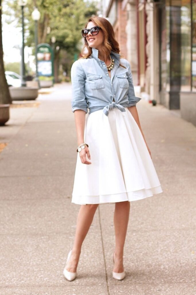 Light Denim Button Down Shirt + White Full Midi Skirt + White Heels