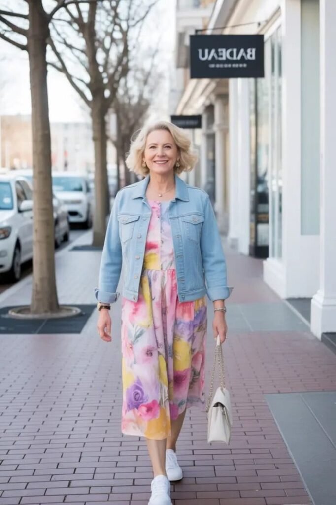 Light Denim Jacket + Pastel Floral Midi Dress + White Leather Sneakers