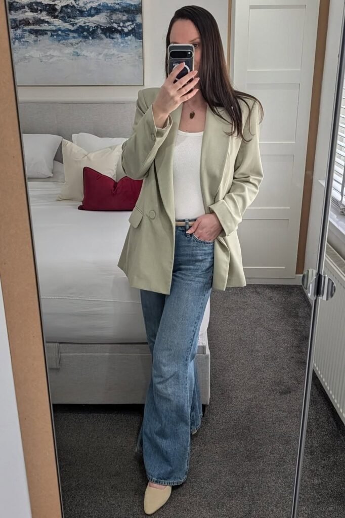 Light Green Blazer + White Top + Blue Wide Leg Jeans