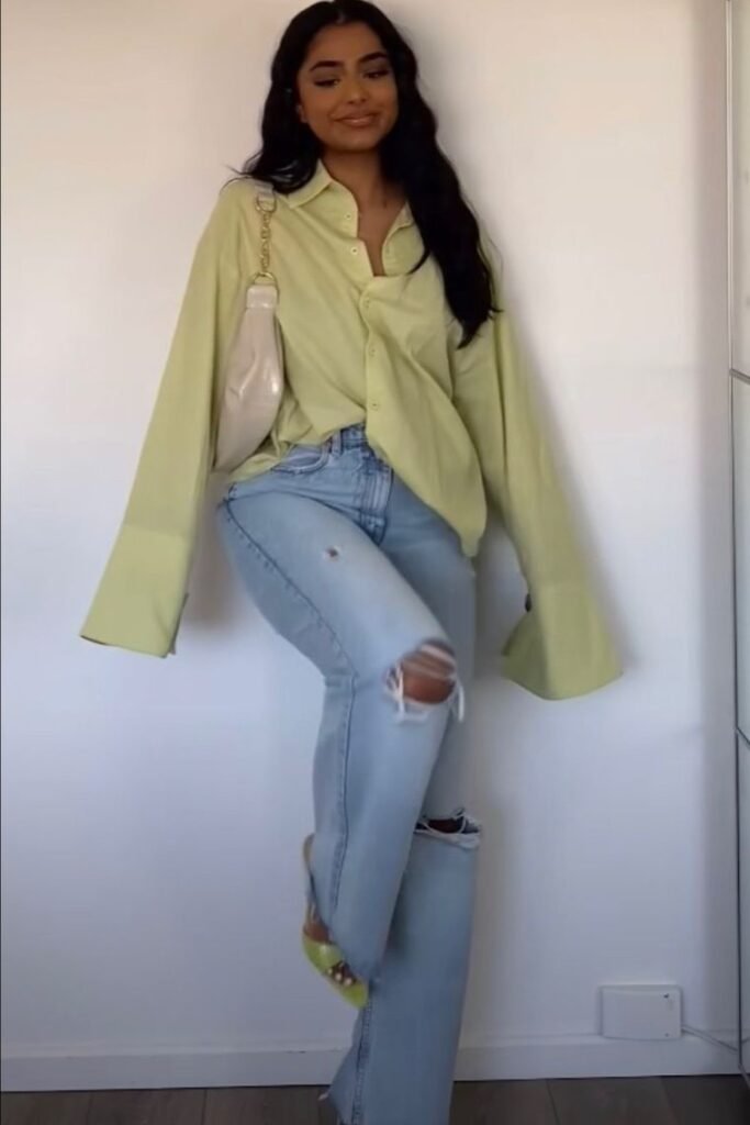 Light Green Button Down Shirt + Distressed Wide Leg Jeans + Green Heeled Sandals