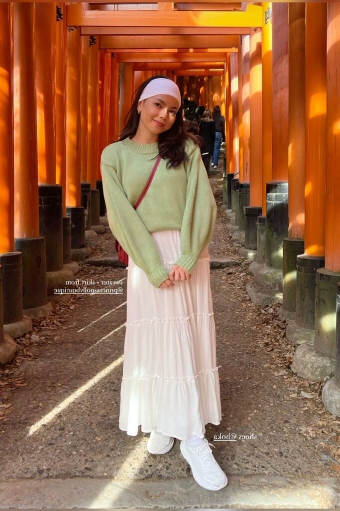Light Green Crewneck Sweater + White Tiered Maxi Skirt + White Sneakers