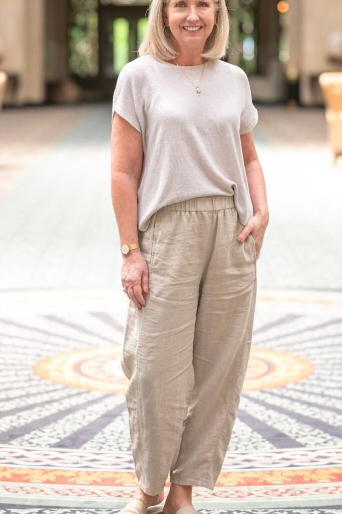 Light Grey Drop Shoulder Tee + Beige Relaxed Fit Linen Pants + Off White Mules