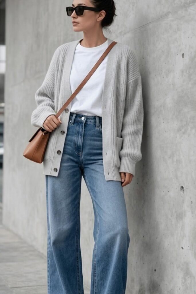 Light Grey Knit Cardigan + White T-shirt + Wide-Leg Blue Jeans