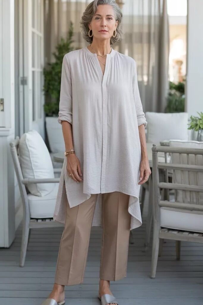 Light Grey Longline Tunic + Tan Straight Leg Trousers + Silver Slides