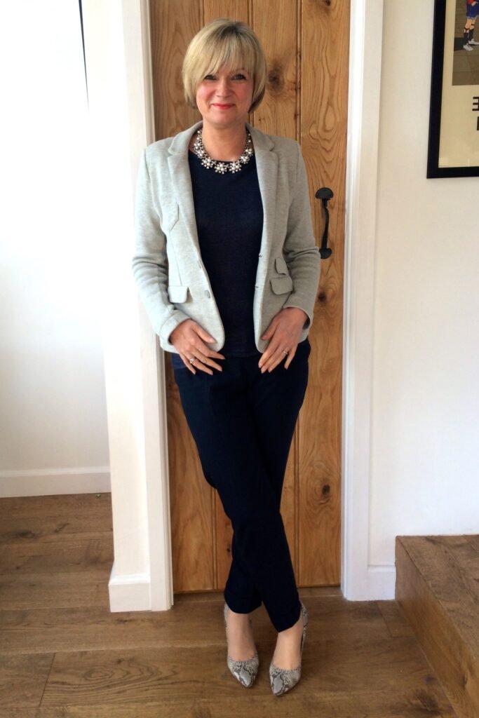 Light Grey Structured Blazer + Navy Base Top + Navy Slim Fit Trousers